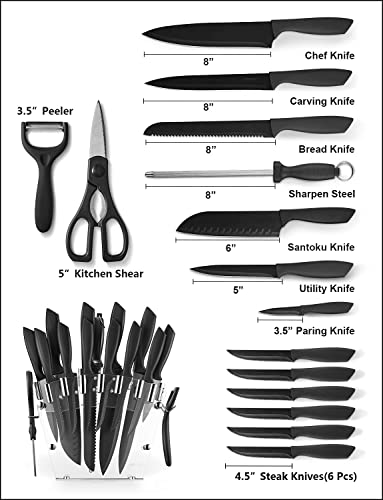  16 PCS High Carbon Stainless Steel Kitchen Knife Set, BO Oxidation, No Rust, Sharp Cutlery Black Knife Set With Acrylic Stand And Serrated Steak Knives,AB112