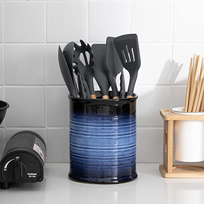  Nihow Kitchen Utensil Holder: 7.2 Inch Extra Large Ceramic Utensil Holder For Countertop - Stable Utensil Crock For Kitchen Counter Decor - Elegant Blue & Black (1PC)