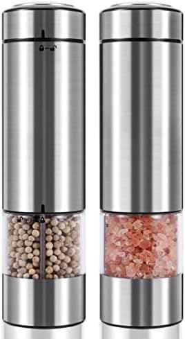  Electric Salt And Pepper Grinder Set Battery Operated| Stainless Steel Auto Pepper Mill Grinder Refillable| One Hand Operation| LED Light| Adjustable Coarseness| 2 Pack