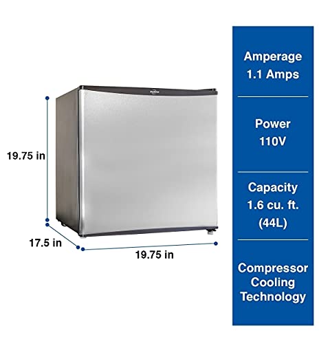  Stainless Steel Compact Fridge With Freezer, 1.6 Cubic Feet (44 L) Capacity For Snacks, Frozen Meals, Beverages, Juice, Beer, Den, Dorm, Office, Games Room, Or RV