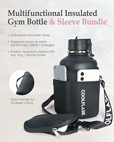  64 Oz Insulated Water Bottle With Strap & Sleeve, Half Gallon Water Jug 3 Lids Stainless Steel Multifunctional Flask BPA-Free, Keep 48H Cold 24H Hot, Compact Yoga/Gym Bottle, Black