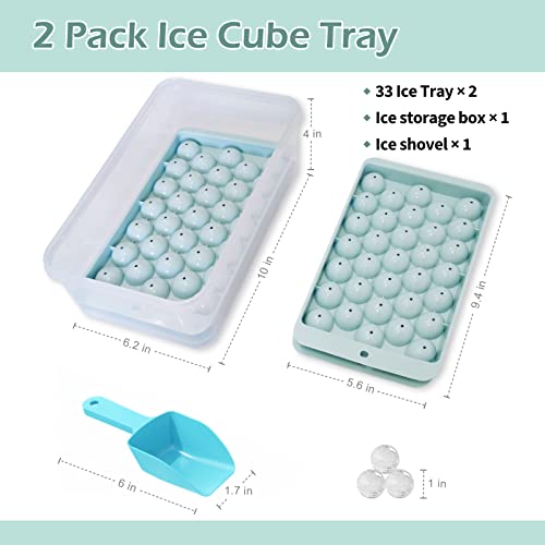  Ice Cube Tray, Circle Ball Ice Trays For Freezer With Lid & Bin, Circle Ice Mold Making 66 X 1.0IN Small Ice Balls,Sphere Ice Makers With Ice Buckets Tongs & Scoop (Blue)