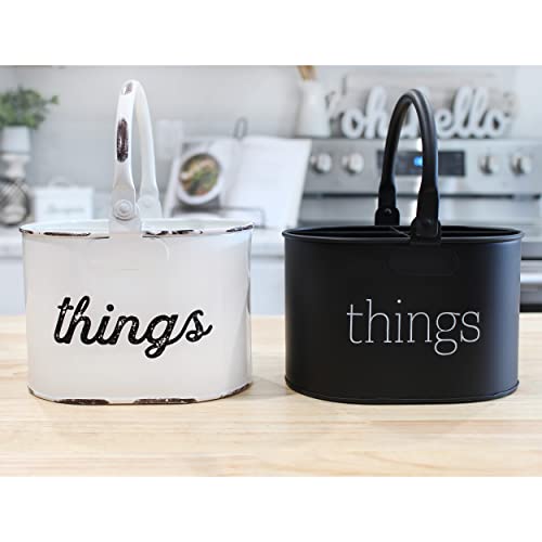  Rustic White Enamelware Caddy, 4-Compartment Farmhouse Decor Organizer For Utensils, Pencils, And More Things