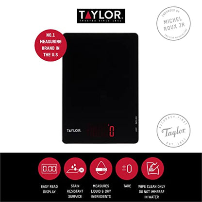 Taylor Pro Digital Ultra Thin Kitchen Food Scales, Compact Slimline Professional Standard With Tare Feature And Precision Accuracy, Black Glass, Weighs 5 Kg Capacity