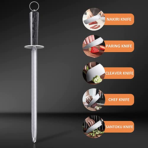  Knife Sharpener Rod,12" Honing Rod Commercial Grade Knife Sharpening Steel Rod Adopt 66HRC Hard Alloy Steel Material With Rosewood Handle For Kitchen Knives And Hunting Blade Sharpening