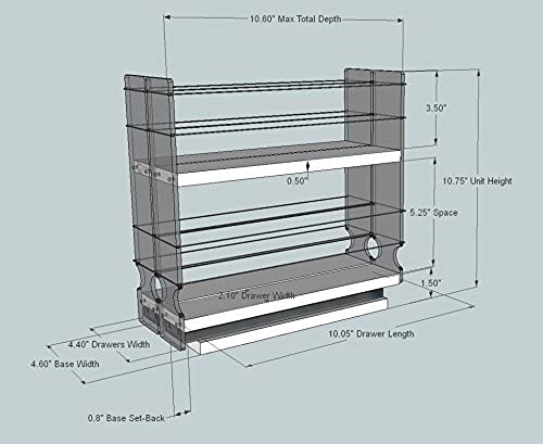  Vertical Spice - 22x2x11 DC - Spice Rack - Fits Narrow Space W/2 Drawers & 2 Tiers - 20 Spice Capacity - Easy Install - Size: 4.6" Wide X 10.75" Tall X 10.6" Depth - Made In USA
