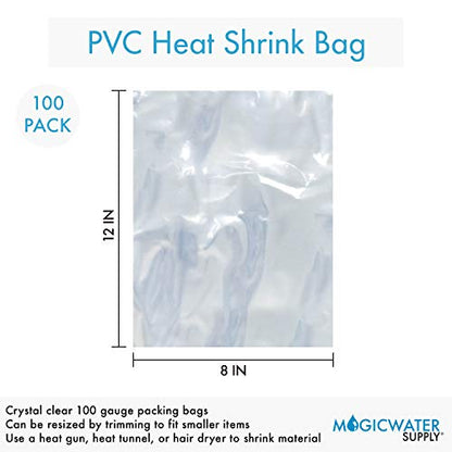  8x12 Inch Odorless, Clear, 100 Guage, PVC Heat Shrink Wrap Bags For Gifts, Packagaing, Homemade DIY Projects, Bath Bombs, Soaps, And Other Merchandise (100 Pack) | MagicWater Supply