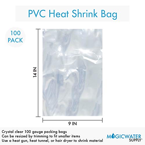  9x14 Inch Odorless, Clear, 100 Guage, PVC Heat Shrink Wrap Bags For Gifts, Packagaing, Homemade DIY Projects, Bath Bombs, Soaps, And Other Merchandise (100 Pack) | MagicWater Supply