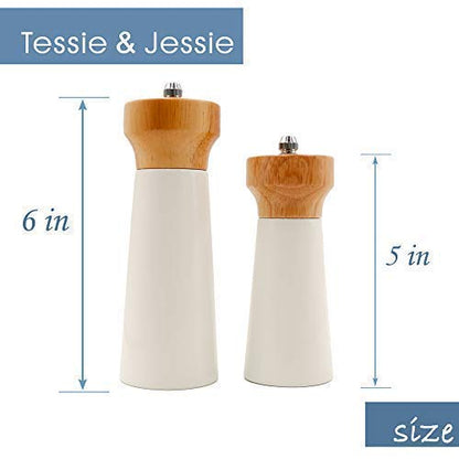  Salt And Pepper Grinders White Salt Shaker Wooden Pepper Salt Grinder Set Pepper Mill - Stainless Ceramic Refillable For Sea Salt Black Pepper - 5" And 6" Christmas Gift Set By Tessïe & Jessïe