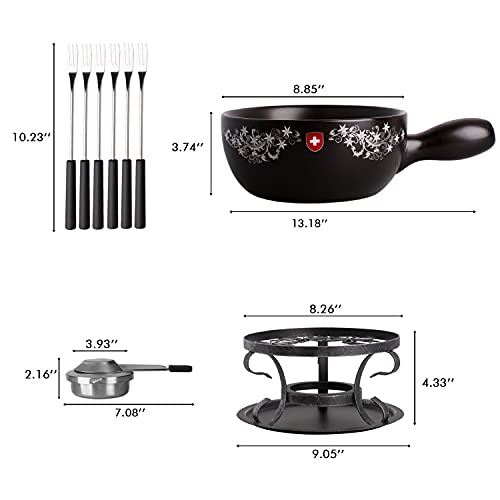  Artestia 2.11-Quart Ceramic Fondue Pot Set Cheese Chocolate Melting Pot Metal Stand With 6 Fondue Forks And Swiss Floral Pattern, Perfect For 6-8 People, 10 Piece