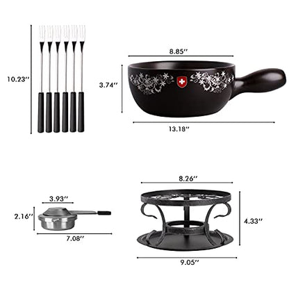  Artestia 2.11-Quart Ceramic Fondue Pot Set Cheese Chocolate Melting Pot Metal Stand With 6 Fondue Forks And Swiss Floral Pattern, Perfect For 6-8 People, 10 Piece