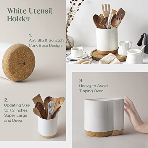  DOWAN Utensil Holder For Kitchen Counter, 7.5 Inches White Cooking Utensil Holder With Thicken Recycled Wooden Cork Mat, DIY Gifts For Moms And Grandma, Kitchen Decor,