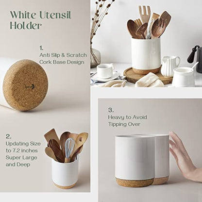  DOWAN Utensil Holder For Kitchen Counter, 7.5 Inches White Cooking Utensil Holder With Thicken Recycled Wooden Cork Mat, DIY Gifts For Moms And Grandma, Kitchen Decor,