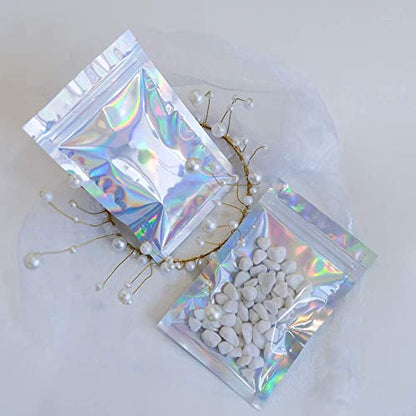  100 Pieces Resealable Smell Proof Bags Foil Pouch Bag Flat Ziplock Bag For Party Favor Food Storage (Holographic Color, 8 X 10 Inch)