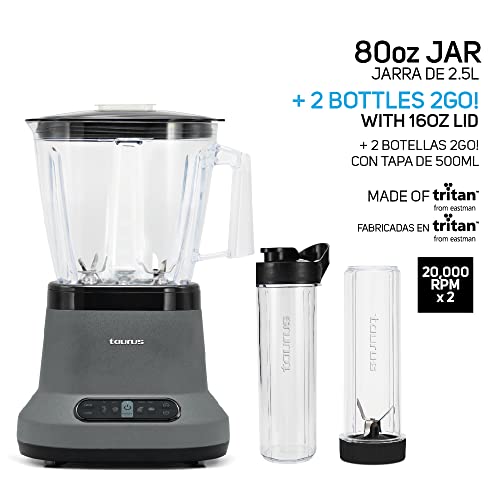Taurus | Blaze| Maximun Power Per Two| 80 Oz Jar| 4 Presets Functions| Powerful 1500 W| 2 Motors| 2 Times More Durable| Blender And 2 Bottles 2 Go!|