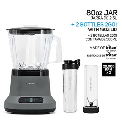 Taurus | Blaze| Maximun Power Per Two| 80 Oz Jar| 4 Presets Functions| Powerful 1500 W| 2 Motors| 2 Times More Durable| Blender And 2 Bottles 2 Go!|