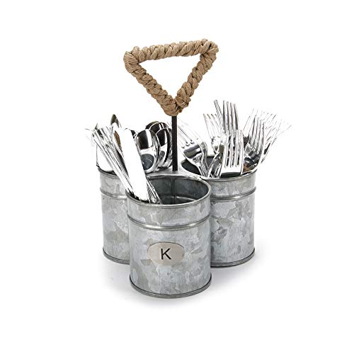  Utensil Caddy [3 Round Compartments] Metal Rustic Flatware Organizer, Silverware Storage, Cooking Utensils Holder For Kitchen, Restaurants, Outdoor, Picnics, And Camping (SILVER ROPE)