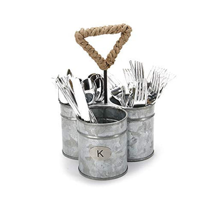  Utensil Caddy [3 Round Compartments] Metal Rustic Flatware Organizer, Silverware Storage, Cooking Utensils Holder For Kitchen, Restaurants, Outdoor, Picnics, And Camping (SILVER ROPE)