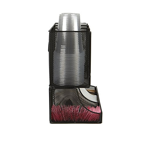  6 Compartment Upright Breakroom Coffee Condiment And Cup Storage Organizer, Black Metal Mesh