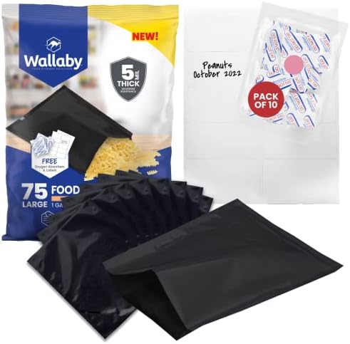  75x Wallaby 1-Gallon Mylar Bag Bundle - (5 Mil - 10" X 14") Mylar Bags, 80x 400cc Oxygen Absorbers, 80x Labels - Heat Sealable, Food Safe, & Reliable Long Term-Food Storage Solutions - Silver