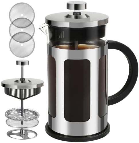  French Press Coffee Maker 12 Ounce Stainless Steel With Borosilicate Glass Heat Resistant 4 Level Filtration System For Brew Coffee & Tea Dishwasher Safe 350ml (12oz, Stainless Black)