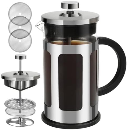  French Press Coffee Maker 12 Ounce Stainless Steel With Borosilicate Glass Heat Resistant 4 Level Filtration System For Brew Coffee & Tea Dishwasher Safe 350ml (12oz, Stainless Black)