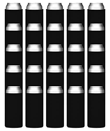  Slim Can Cooler Sleeves (25-Pack) Insulated Polyfoam, Bulk Scuba Knit Polyester Fabric Drink Insulators For 12oz Tall Skinny Beverage - Blank Design (Black)