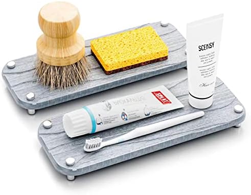  PURUSKOTO 2 Pack Instant Dry Sink Organizer For Bathroom & Kitchen, Fast Drying Stone Sink Tray, Diatomaceous Earth Bathroom Countertop Organizer, Kitchen Sponge Holder Sink Caddy,Lifstyle Drying Rack