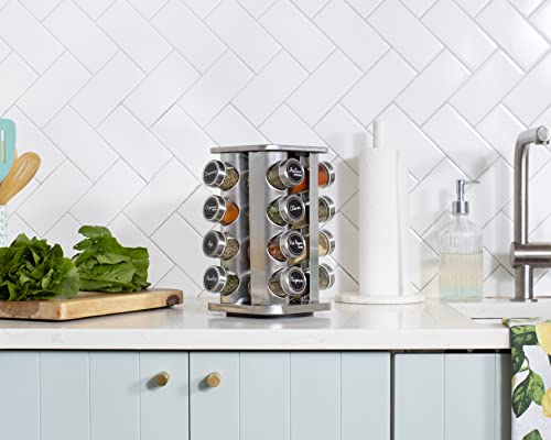  Orii 16 Jar Spice Rack With Spices Included - Rotating Countertop Tower Organizer For Kitchen Spices And Seasonings, Free Spice Refills For 5 Years (Stainless Steel)