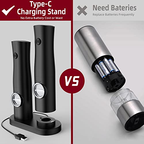  Electric Salt And Pepper Grinder Set Rechargeable Automatic Black Salt & Pepper Mill 2 Pcs With Charging Base, Type-C USB Cables, LED Lights, Adjustable Coarseness, One Hand Operation