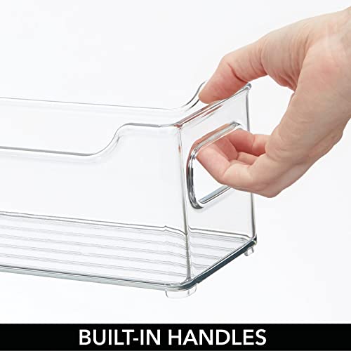  Slim Stackable Plastic Storage Organization Bin With Handles For Kitchen Cabinet, Pantry, Shelf, Refrigerator, Home Organizer For Fruit, Potatoes, Onions, Drinks, Snacks, Pasta, 2 Pack, Clear