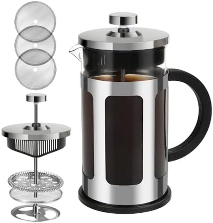  French Press Coffee Maker 12 Ounce Stainless Steel With Borosilicate Glass Heat Resistant 4 Level Filtration System For Brew Coffee & Tea Dishwasher Safe 350ml (12oz, Stainless Black)