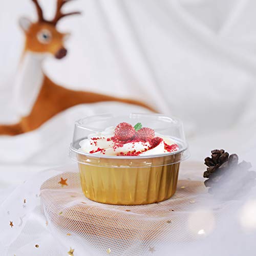  Disposable Ramekins, Gold 50pcs 5oz Mini Aluminium Foil Baking Cups With Lids Creme Brulee Cupcake Liners, Desert Cheesecake Pans Flan Molds Tin Cups Containers For Party Favor Birthday