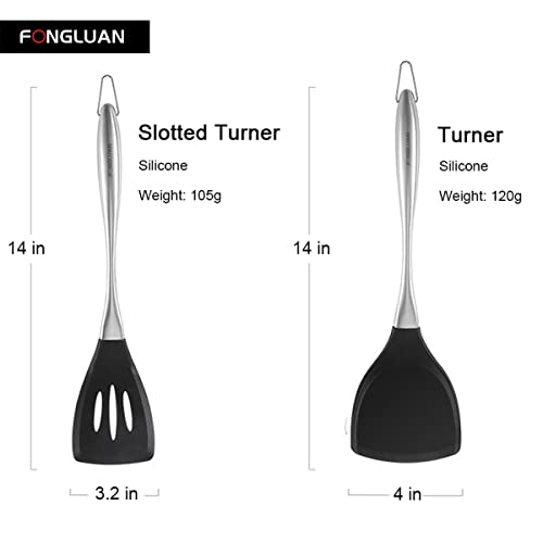  2-Piece Silicone Turner/Spatula Set Stainless Steel Handles Kitchen Spatulas Nonstick Cookware For Cooking & Serving Heat-Resistant BPA Free Cooking Utensils Black