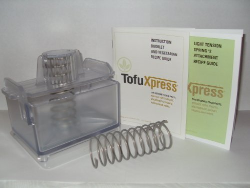  Gourmet Tofu Press / Marinating Dish - Clear - W/Light Tension Spring Attachment. TofuXpress Removes Moisture From Tofu And Other Foods Automatically Without Mess. Make Cheese, Greek-style Yogurt, Macrobiotic Salads.