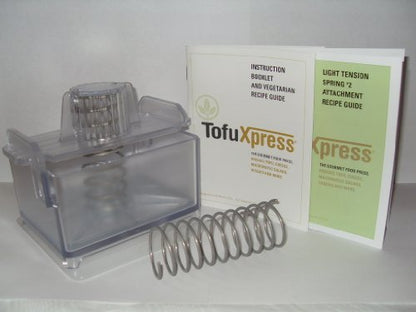  Gourmet Tofu Press / Marinating Dish - Clear - W/Light Tension Spring Attachment. TofuXpress Removes Moisture From Tofu And Other Foods Automatically Without Mess. Make Cheese, Greek-style Yogurt, Macrobiotic Salads.