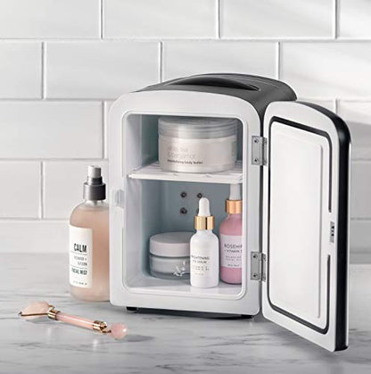  Mini Portable Black Personal Fridge Cools Or Heats And Provides Compact Storage For Skincare, Snacks, Or 6 12oz Cans W/A Lightweight 4-liter Capacity To Take On The Go