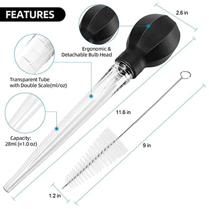  Large Turkey Baster With Cleaning Brush - Premium Baster Tool For Cooking - Easy To Use And Clean - Powerful Bulb Baster Syringe - Dishwasher Safe - Flavor Meat Poultry, Beef, Chicken(Black)