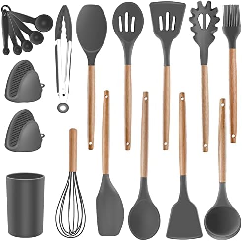  Ilicone Kitchen Utensils Set Cooking Utensils - SZBOB Heat Resistant/Non-stick/Non Toxic/BPA Free Silicon Spoons Spatula Whisk Tongs Wooden Handle Kitchen Utensils Set With Holder (Khaki)