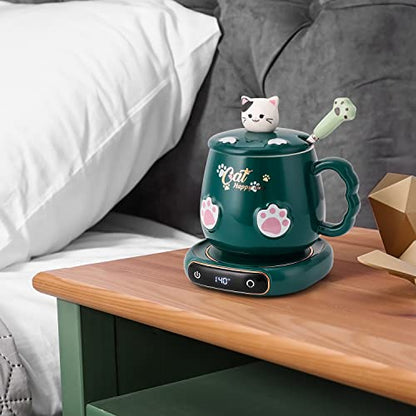  Coffee Mug Warmer & Cute Cat Mug Set, Beverage Cup Warmer For Desk Home Office With Three Temperature Up To 140℉/ 60℃, Coffee Warmer For Cocoa Milk Tea Water Candle, 8 Hours Auto Shut Off
