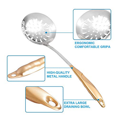  2 PCS Skimmer Spoon And Pasta Server Stainless Steel Spaghetti Fork Slotted Spoon With Gold Plated Vacuum Insulated Handle Kitchen Cooking Utensils For Daily Cooking Use
