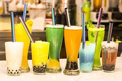  5 Pcs 10" Reusable Boba Straws & Smoothie Straws - Rainbow Colors & Angled Tips, 0.5" Wide Stainless Steel Straws, Metal Straws For Bubble Tea, Milkshakes, Jumbo Drinks | 2 Cleanning Brushes & 1 Case