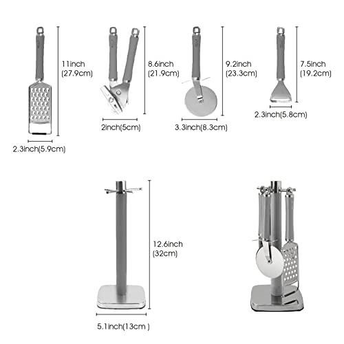  Tainless Steel Kitchen Gadget Set,5PCS Kitchen Accessories With Pizza Cutter, Can Opener, Y Peeler, Grater And Gadgets Holder