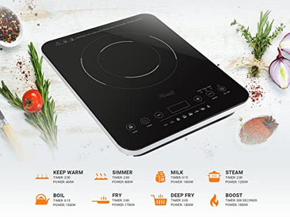  Portable Induction Cooktop Burner, 1800W, 8 Cooking Modes, 10 Power/Temp Levels, Touch Panel, LED Display, Timer, Auto Shut-Off, Child Safety Lock, Includes Stainless Steel Pot (RHAI-21001)