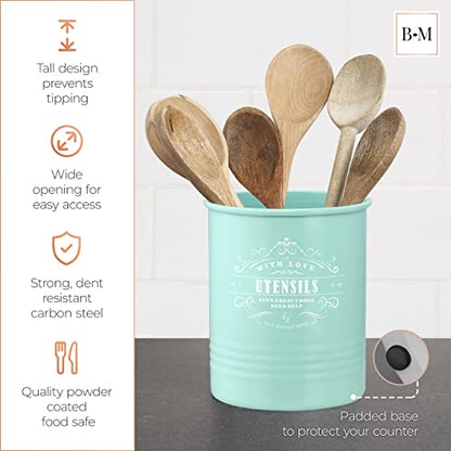  Large Farmhouse Kitchen Utensil Holder For Countertop - Kitchen Utensil Caddy - Teal Cooking Utensils Holder For Kitchen Counter - Utensil Organizer Jar For Wooden Spoon And Spatulas