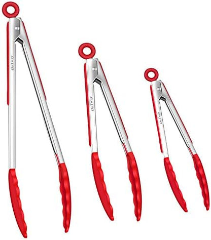  Kitchen Tongs With Silicone Tip, 12-inch ，9-inch And 7-inch Stainless-Stee Multi-functional Gripper For Cooking, Barbecue, Salad, Grilling, Frying, Set Of 3 (Red) (Red)