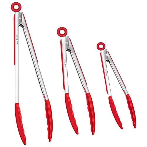  Kitchen Tongs With Silicone Tip, 12-inch ，9-inch And 7-inch Stainless-Stee Multi-functional Gripper For Cooking, Barbecue, Salad, Grilling, Frying, Set Of 3 (Red) (Red)