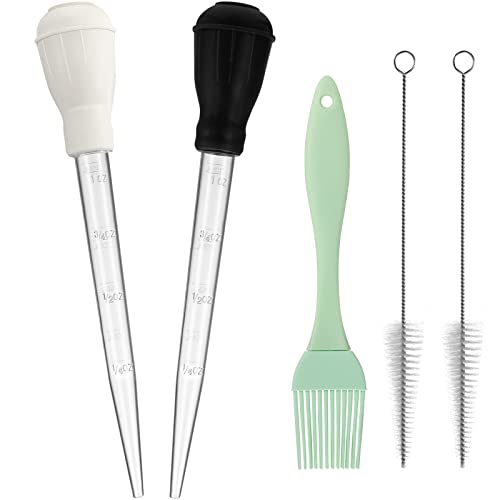  Nylon Heat-resistant Turkey Baster Cooking Set Includes Meat Baster, 1 Silicone Basting Brush And 2 Cleaning Brush For BBQ Grill Baking Kitchen Cooking (Black White, 5 Pieces)