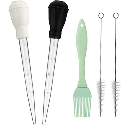  Nylon Heat-resistant Turkey Baster Cooking Set Includes Meat Baster, 1 Silicone Basting Brush And 2 Cleaning Brush For BBQ Grill Baking Kitchen Cooking (Black White, 5 Pieces)
