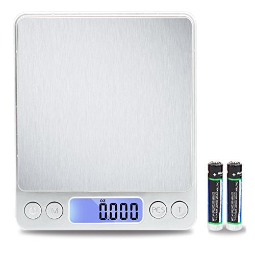  500G/0.01G Digital Kitchen Scale - Tare & PCS Function, 6 Units, Back-Lit LCD, Pocket-Size, Battery Powered - Silver